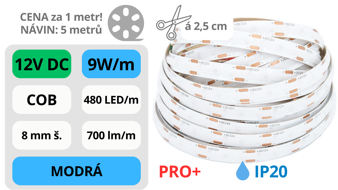 LED pásek COB 12V / 480LED / 9W / MODRÁ / IP20 / 8mm / PRO+